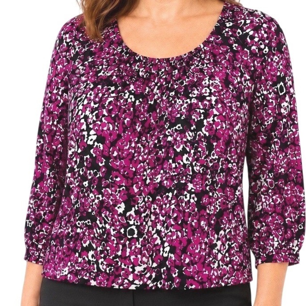 Worthington Large Petite Pink Black White Abstract Floral 3/4 Sleeve Stretch Top